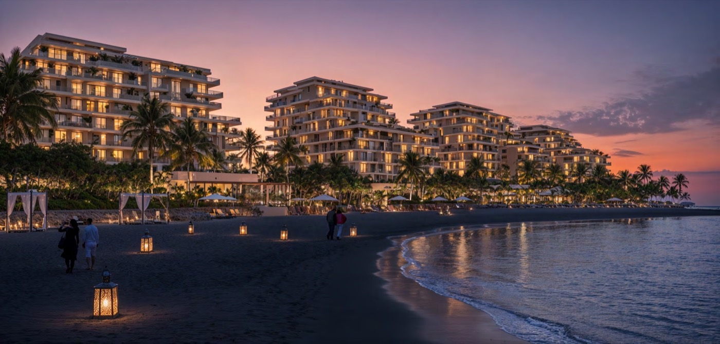 Beachfront residences at dusk